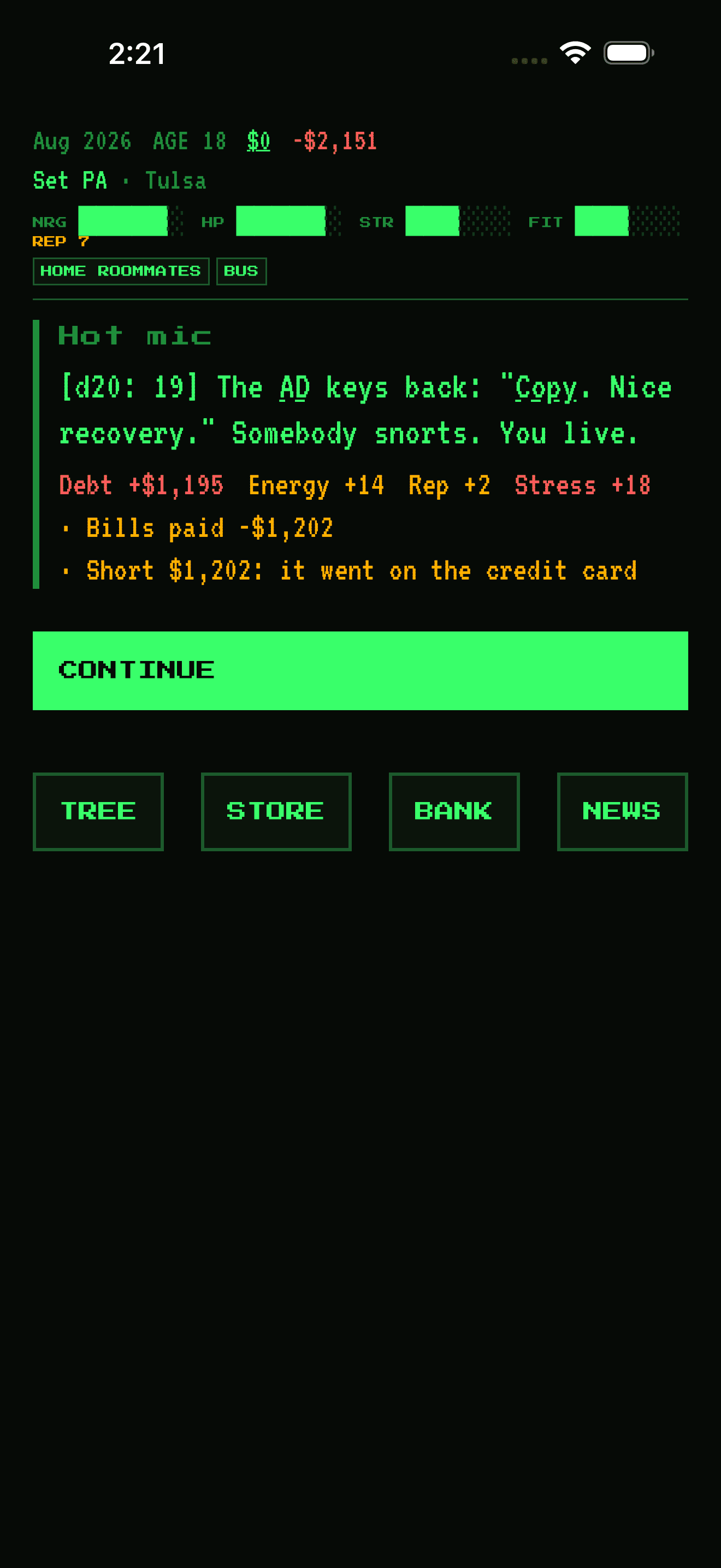 A Day Player card with a d20 roll of 19 on a hot mic on set, showing the debt, energy, rep and stress changes.