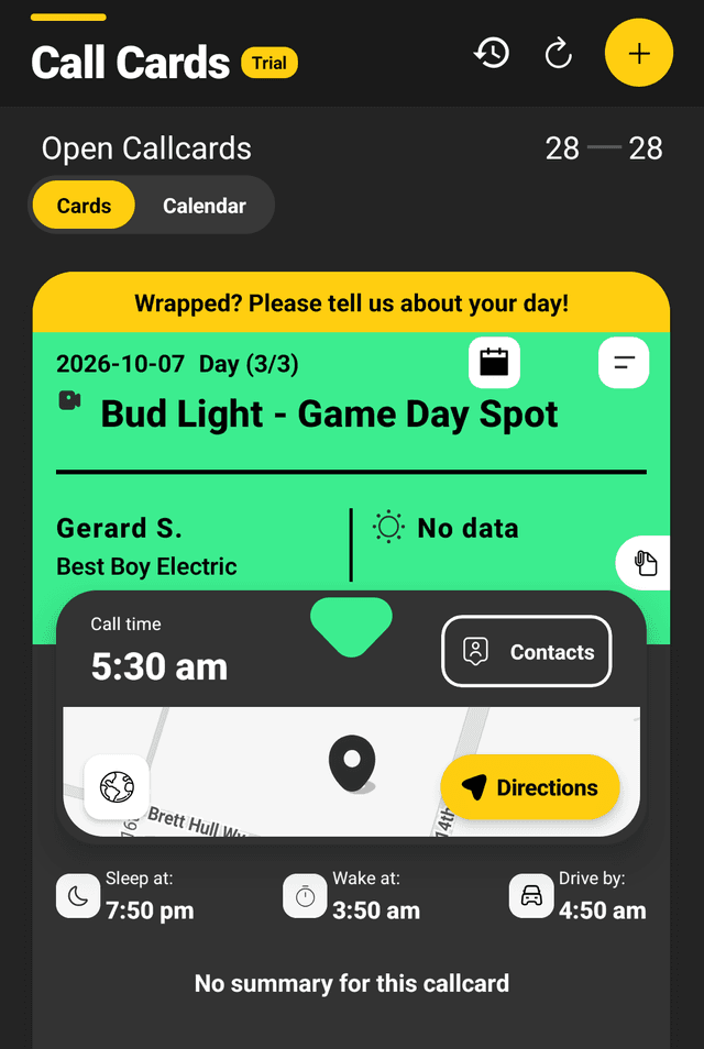 A call card in dark mode for a three-day commercial shoot, showing the 5:30 am call time, crew role, a location map with directions, and calculated sleep, wake and drive-by times