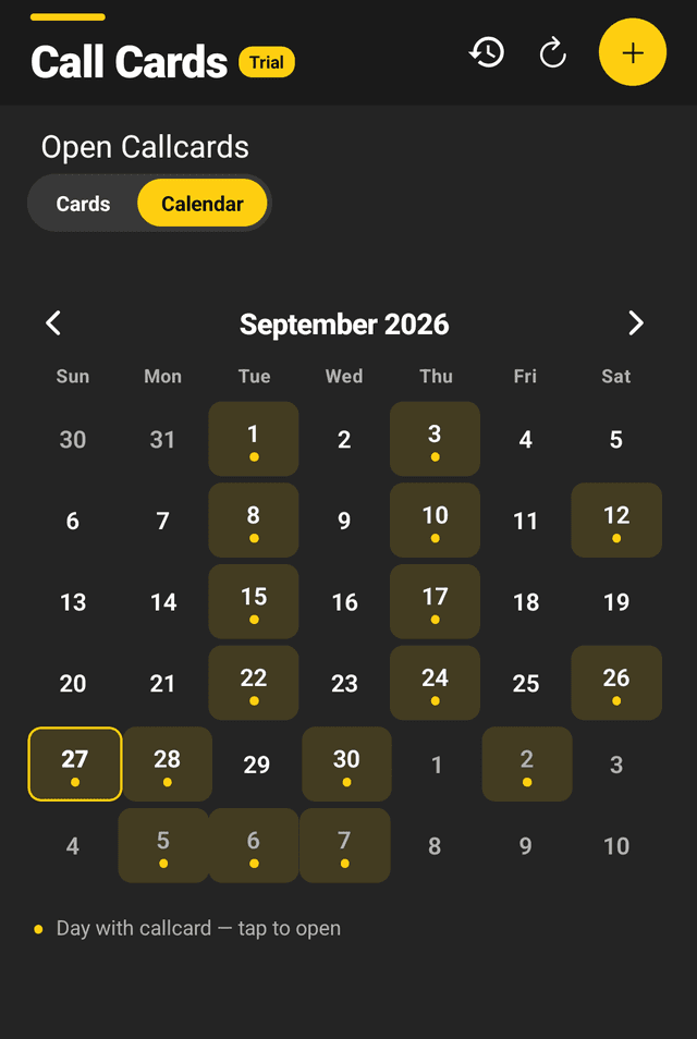 The Call Cards calendar in dark mode, with every shoot day highlighted