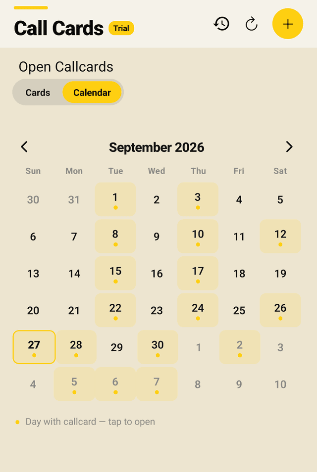 The Call Cards calendar for September 2026, with every shoot day highlighted