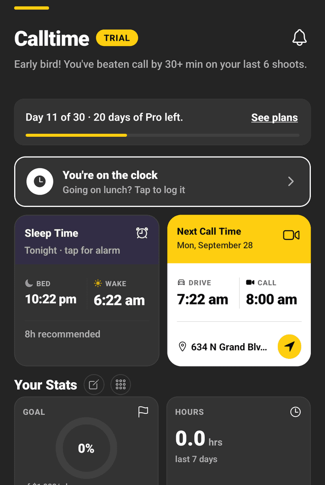 The CallTime home screen in dark mode with tonight's sleep plan, the next call time and a stats board