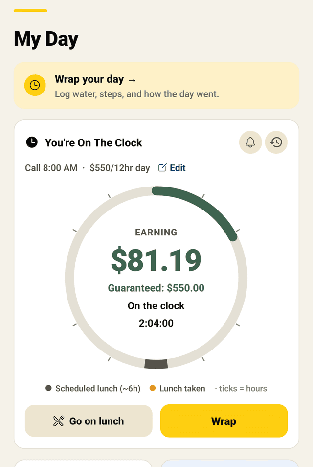 The My Day screen after wrapping, with total hours worked and meal breaks logged
