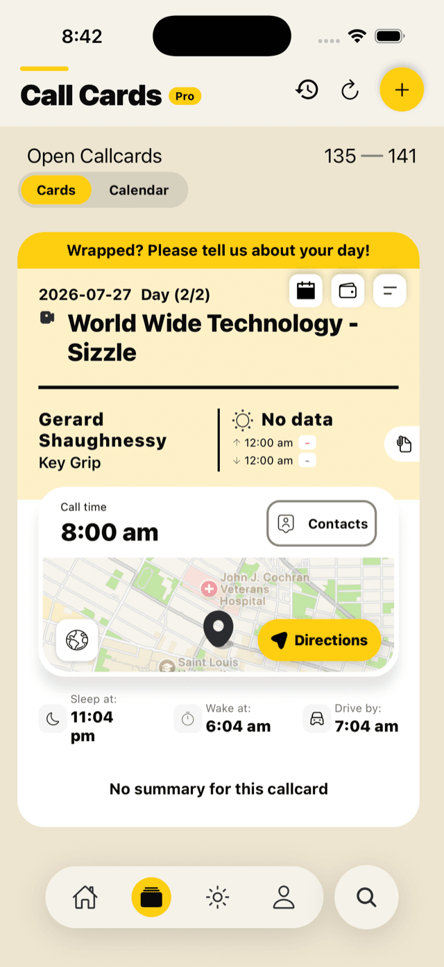 A CallTime call card for a shoot day, showing an 8:00 am call time, the crew role, a location map with a directions button, and the calculated sleep, wake, and drive-by times